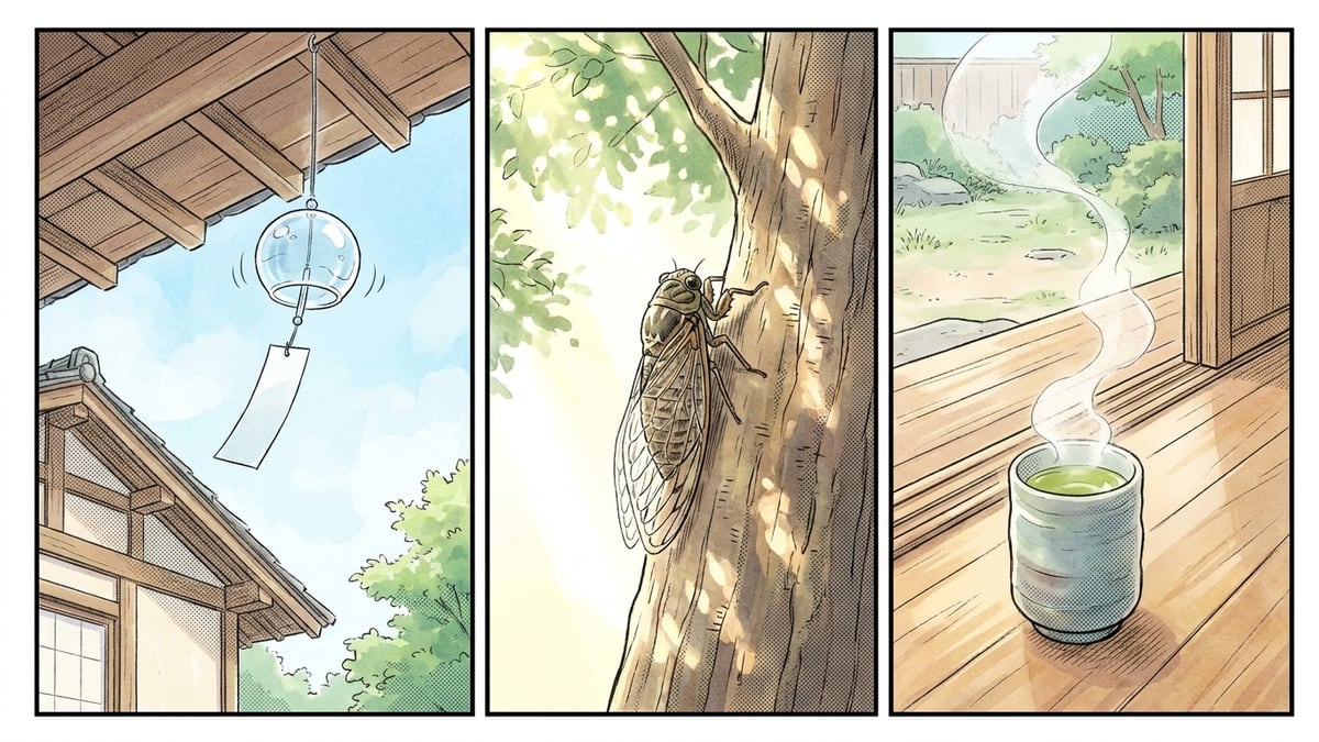 Trois cases en style manga, sans personnage : un carillon de verre qui tinte sous un auvent, une cigale accrochée à un tronc, la vapeur d'une tasse de thé sur une véranda en bois.