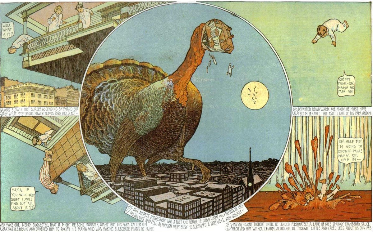 Cinq cases d'une planche ancienne en couleurs : une dinde géante occupe une case ronde au centre, au-dessus d'une ville ; autour, des cases étroites et penchées où un enfant en chemise de nuit tombe et atterrit dans une flaque de sauce.