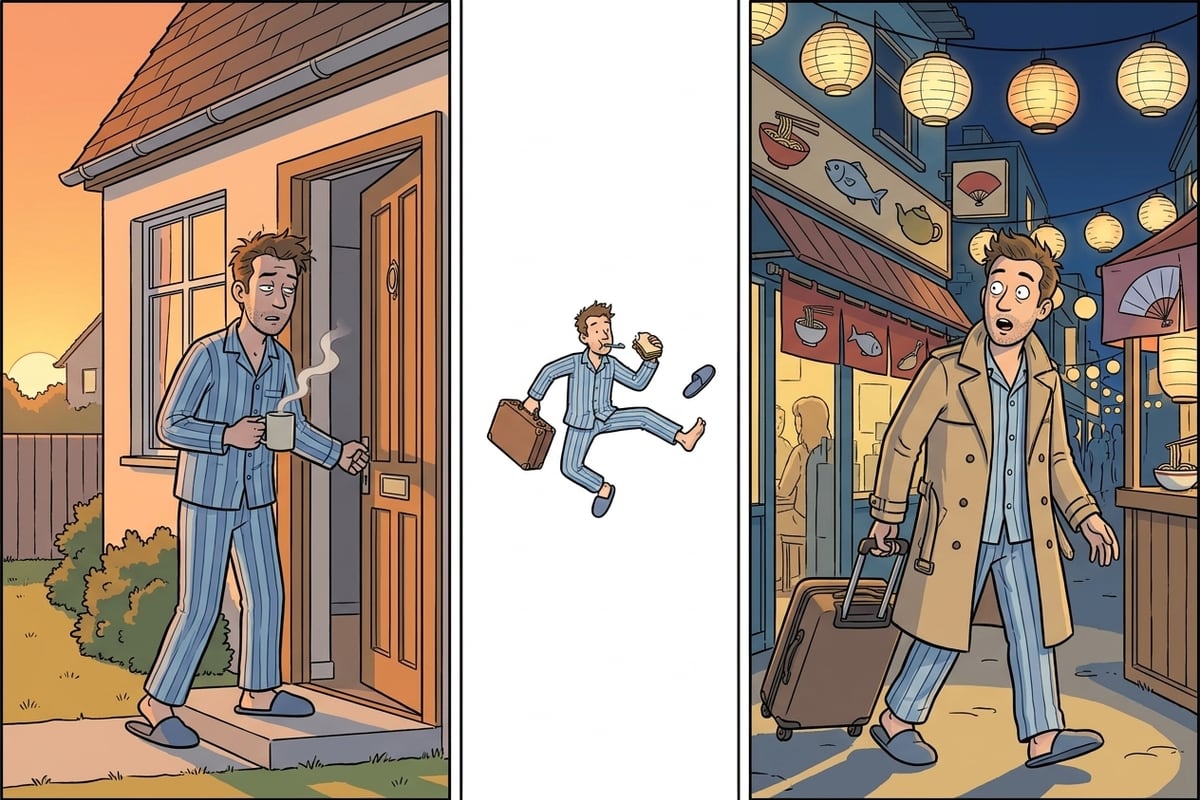 Deux cases en ligne claire : à gauche, un homme en pyjama ouvre sa porte à l'aube, un café à la main ; à droite, le même homme, valise à la main, ébahi dans une rue lointaine sous des lanternes. Dans la bande blanche entre les deux, une version miniature de lui saute d'une case à l'autre, un sandwich à la main et une brosse à dents dans la bouche.