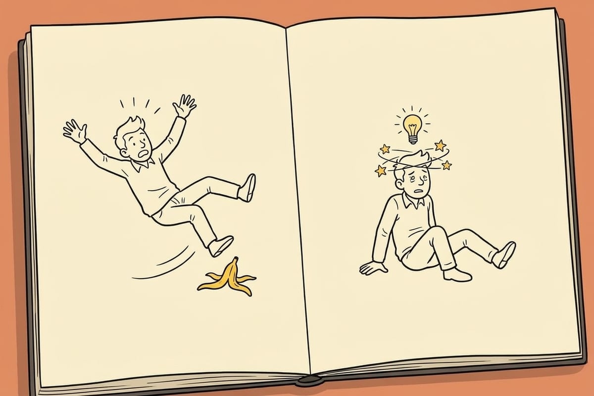 Un carnet de croquis ouvert présente un dessin au trait noir en deux étapes. Sur la page de gauche, un personnage stylisé glisse sur une peau de banane, tandis que sur celle de droite, il est assis par terre, complètement sonné avec des étoiles autour de la tête.