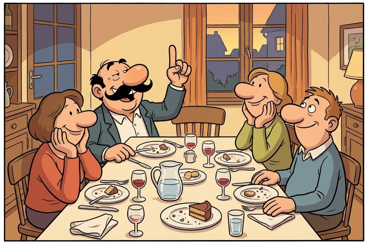 À la fin d'un repas de famille, un oncle moustachu lève le doigt pour raconter une histoire avec un air très fier. Autour de la table couverte de vaisselle, trois convives l'écoutent avec des sourires polis et figés.