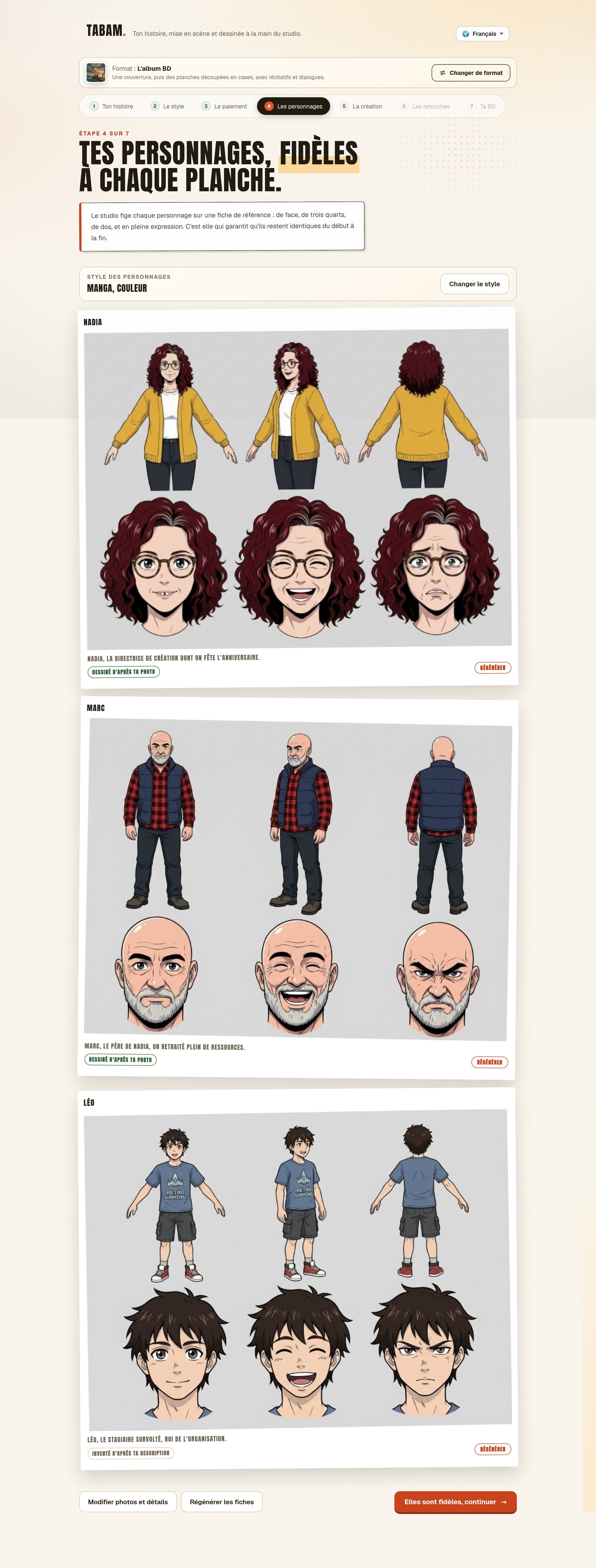 L'écran des personnages : les fiches de Nadia, Marc et Léo