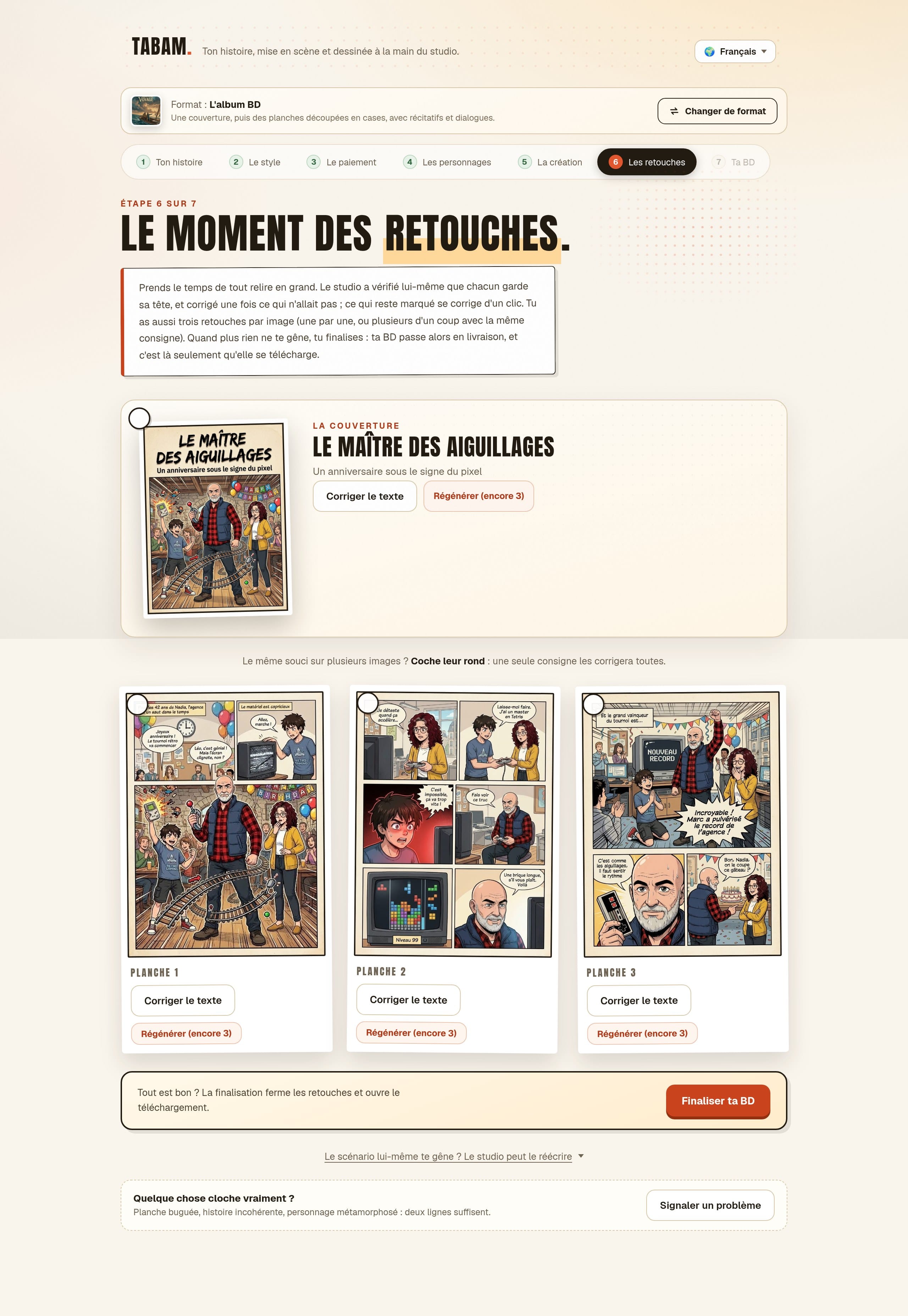 L'écran des retouches : la couverture et les planches, chacune avec ses trois retouches