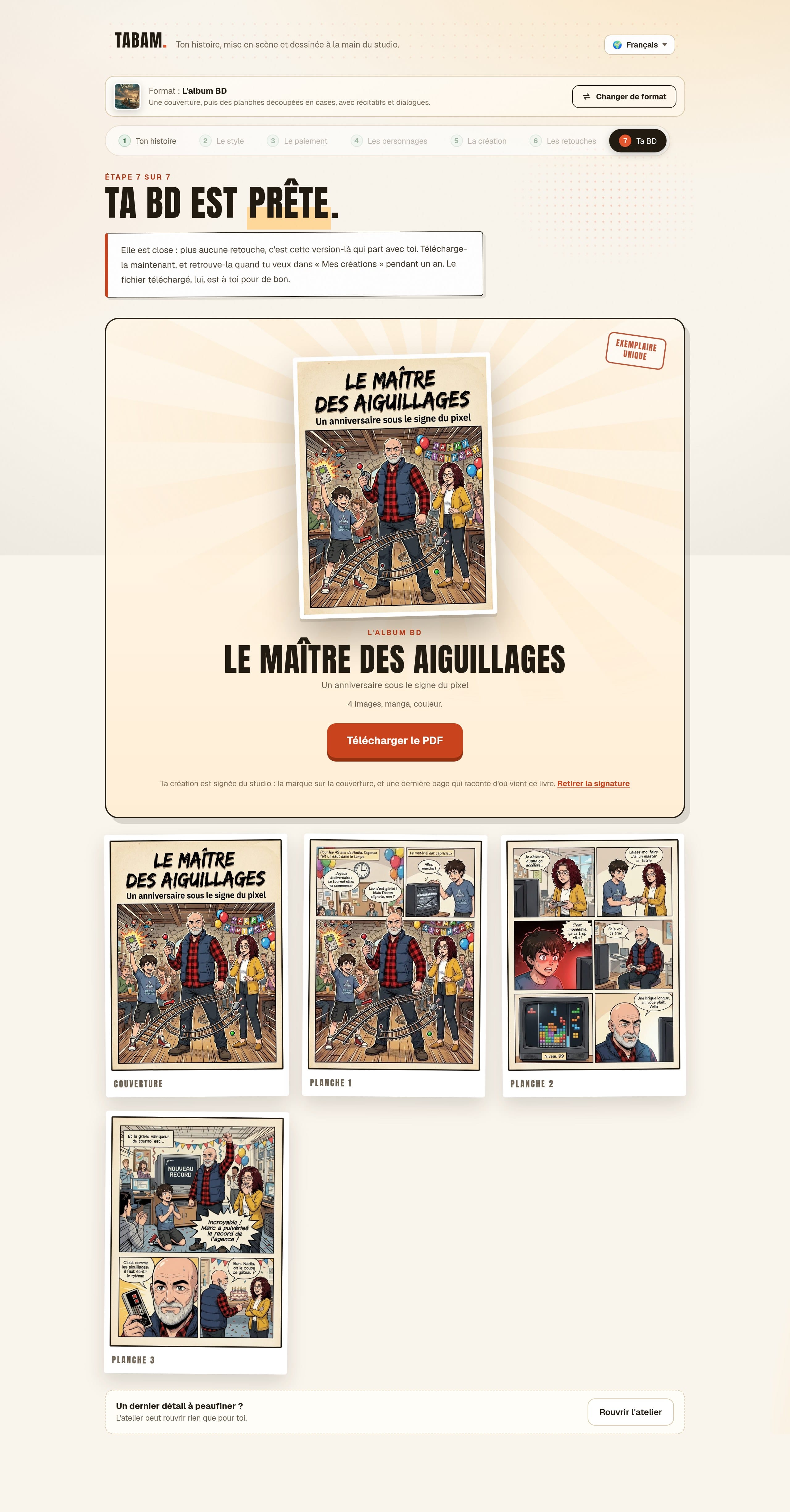 L'écran de la livraison : l'album tenu comme un original, le bouton pour télécharger le PDF