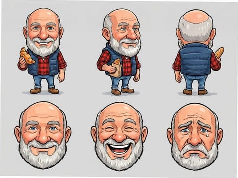 Une fiche de personnage : un homme barbu de face, de profil, de dos et dans trois expressions