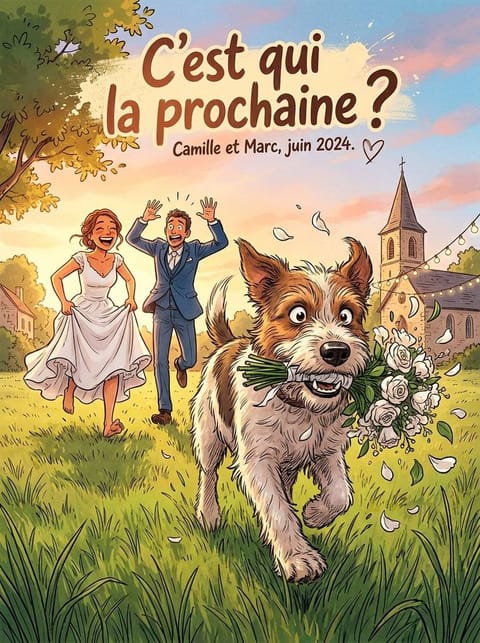 C'est qui la prochaine ? Une affiche de mariage dessinée