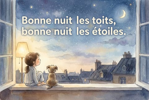 Une page de livre jeunesse : bonne nuit les toits, bonne nuit les étoiles