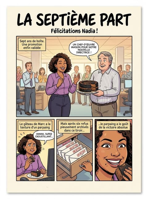 La septième part, une planche de bureau : la promotion de Nadia fêtée par ses collègues